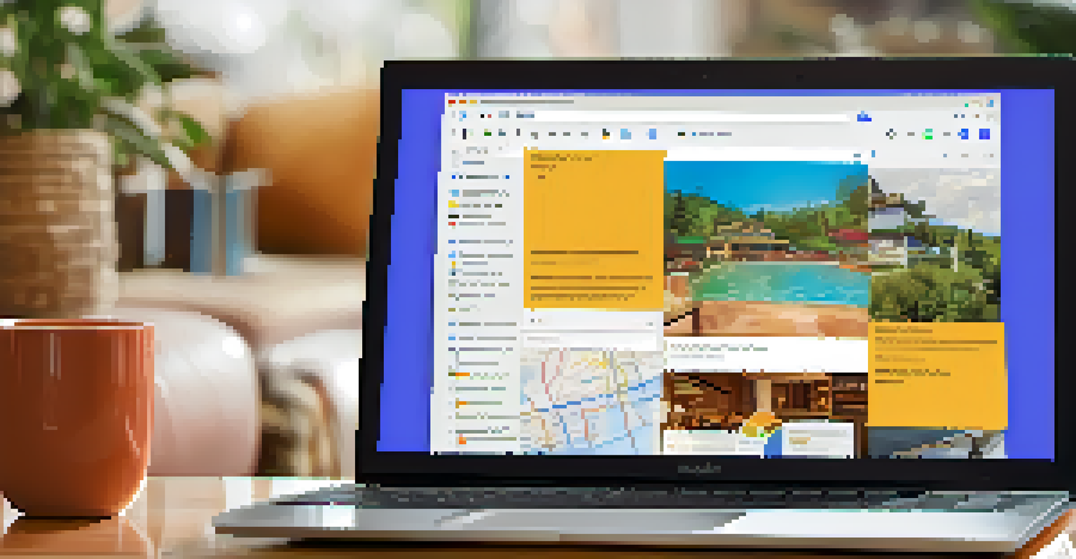 A laptop showing a travel planning document with colorful notes in a cozy living room.