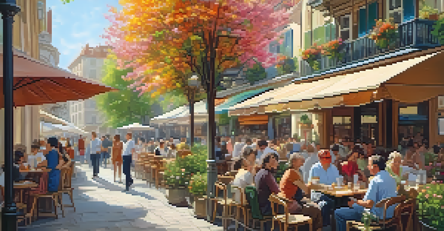 A vibrant café terrace filled with people, colorful flowers, and sunlight filtering through trees, with charming buildings in the background.