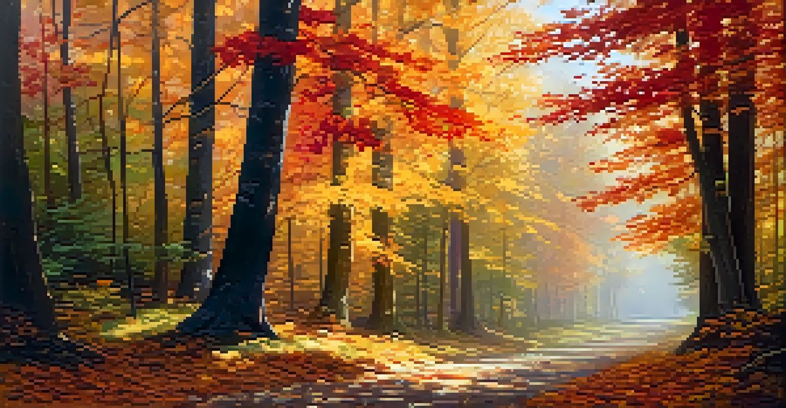 An autumn forest path lined with colorful leaves and sunlight filtering through the trees.