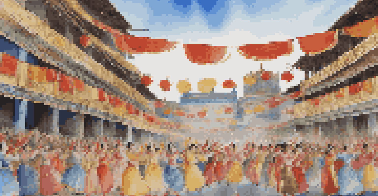 A cultural festival with dancers in colorful costumes performing on stage, and an enthusiastic audience clapping, set against a blue sky.
