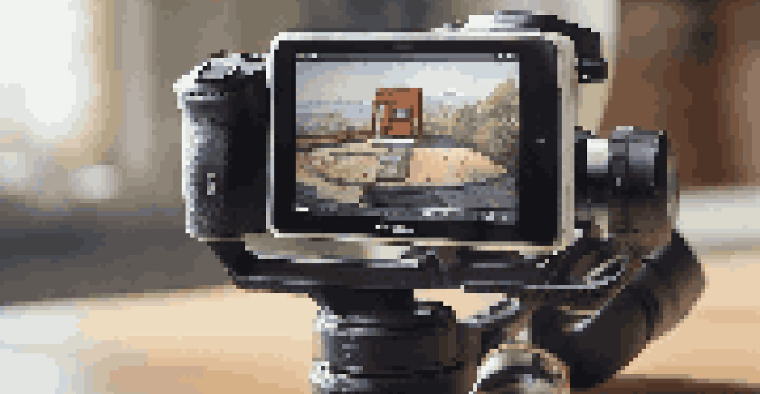 A close-up of a travel gimbal with a camera mounted on it, showcasing its sleek design and intricate details.