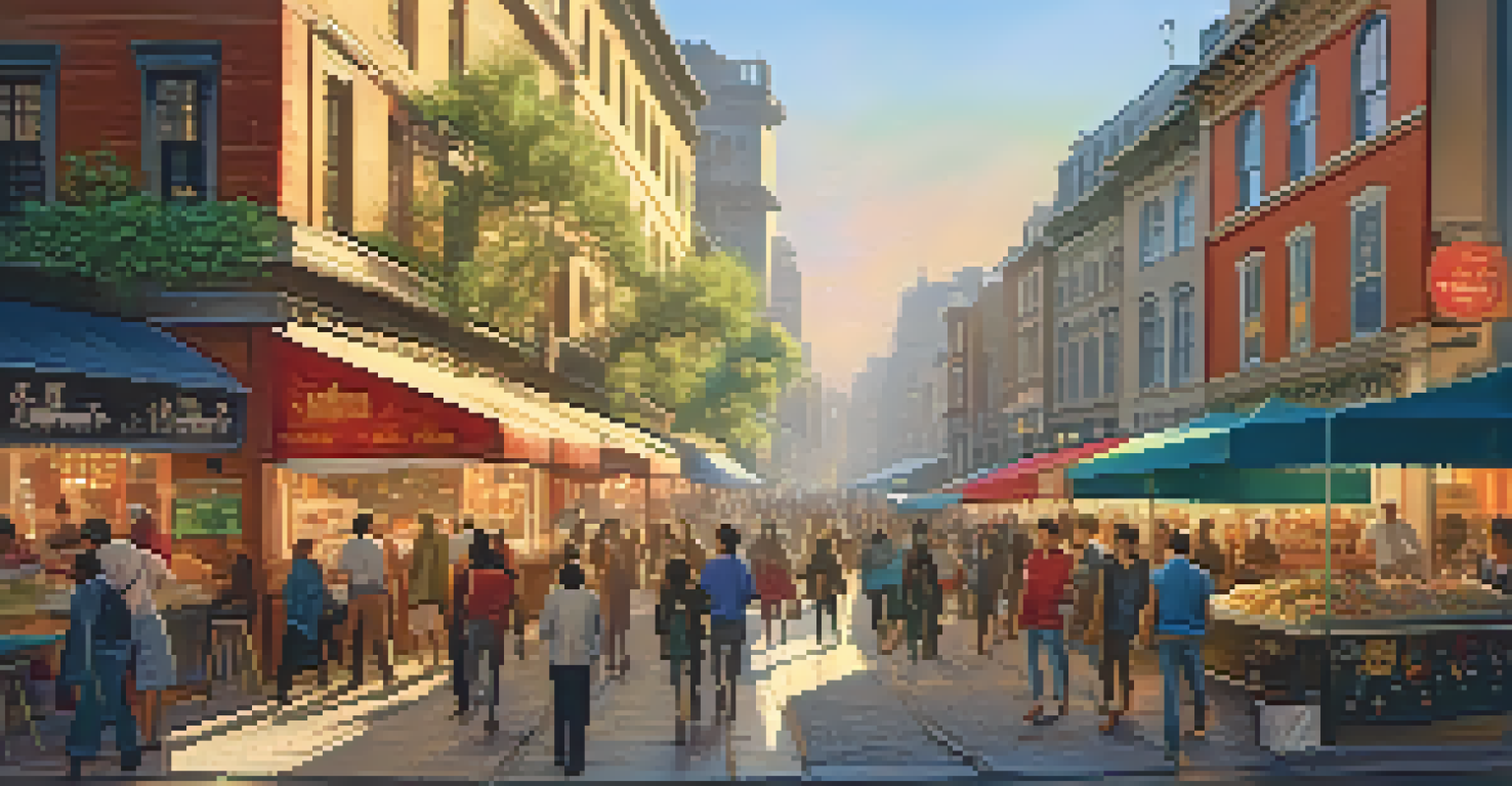 A busy city street at sunset with people walking, shops, and food stalls, displaying a lively urban atmosphere.