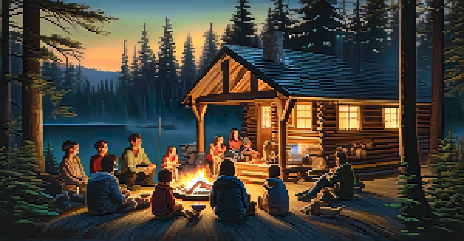 A family gathered around a campfire at a cabin, roasting marshmallows under the stars.