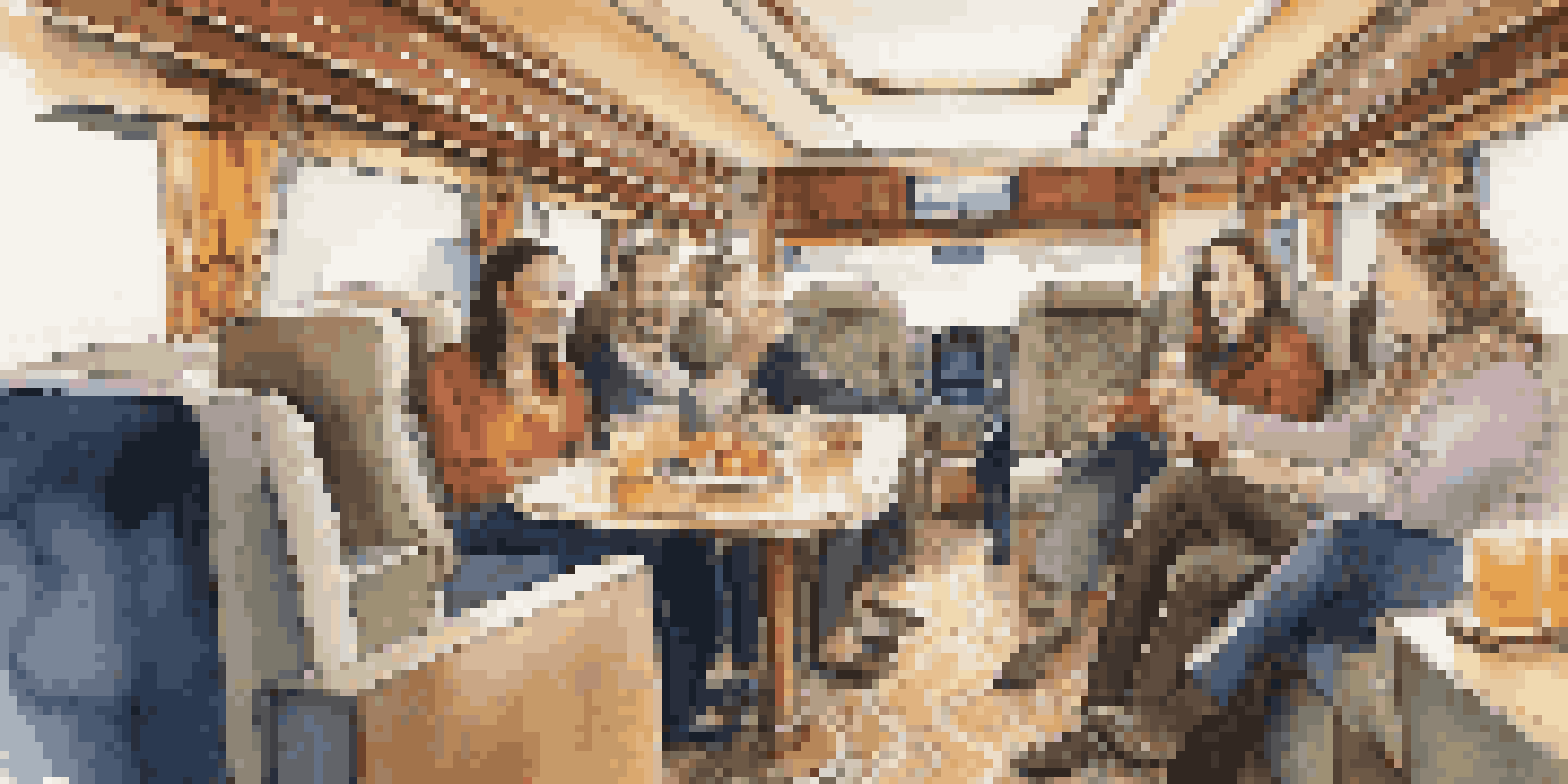 Interior of a luxury coach with plush seating, mood lighting, and travelers enjoying refreshments.