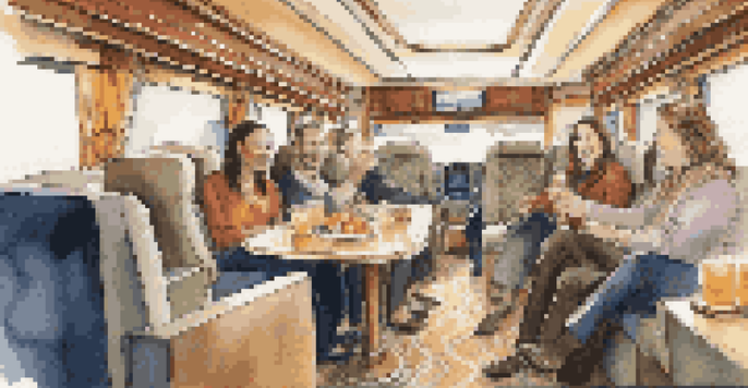 Interior of a luxury coach with plush seating, mood lighting, and travelers enjoying refreshments.