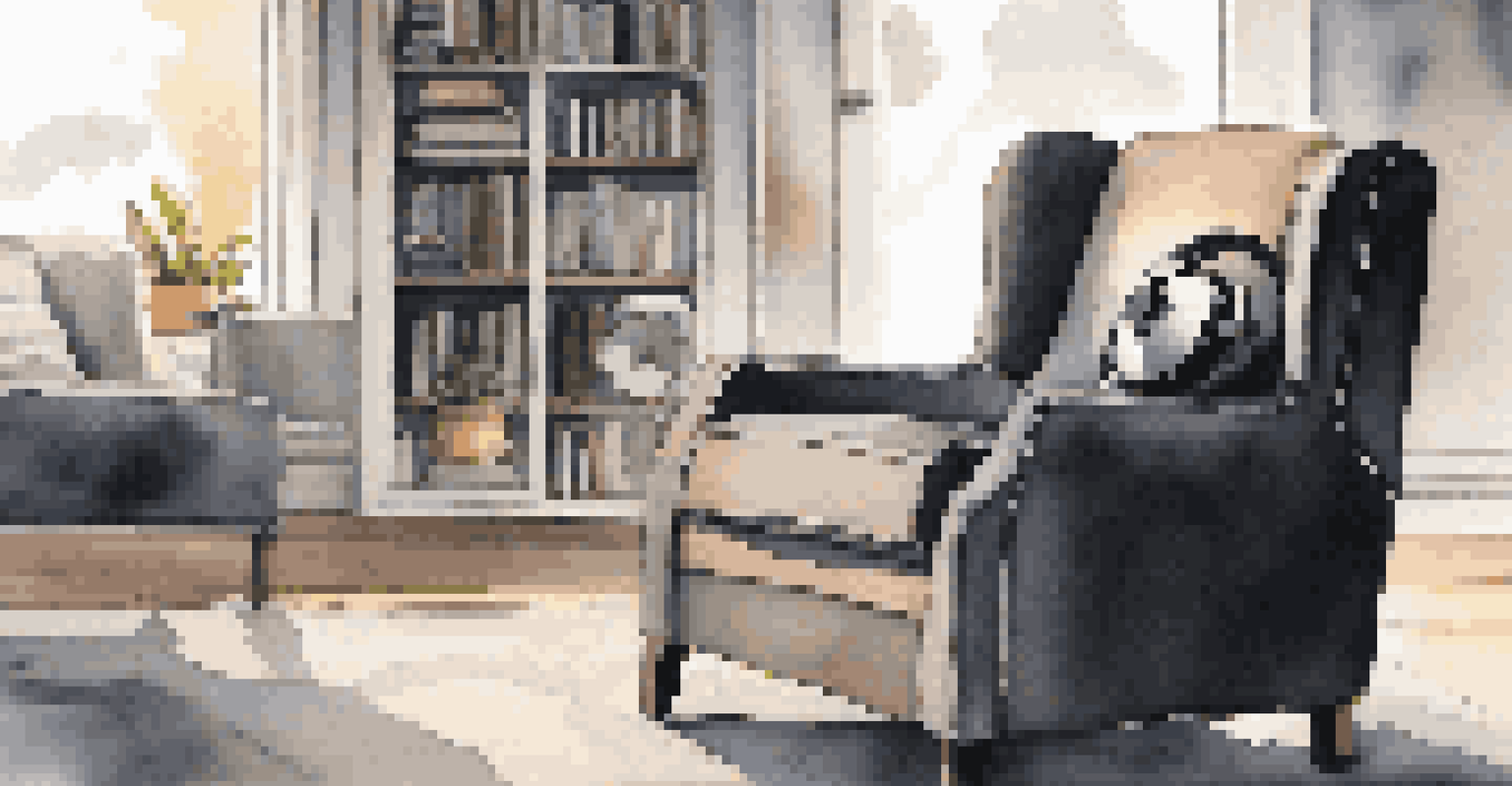 Noise-canceling headphones on a plush armchair in a modern living room, with a bookshelf and coffee cup in the background, illuminated by soft evening light.