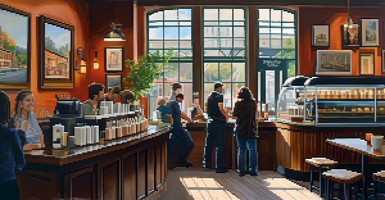 A warm and inviting café interior with wooden furniture, natural light, and people enjoying coffee.