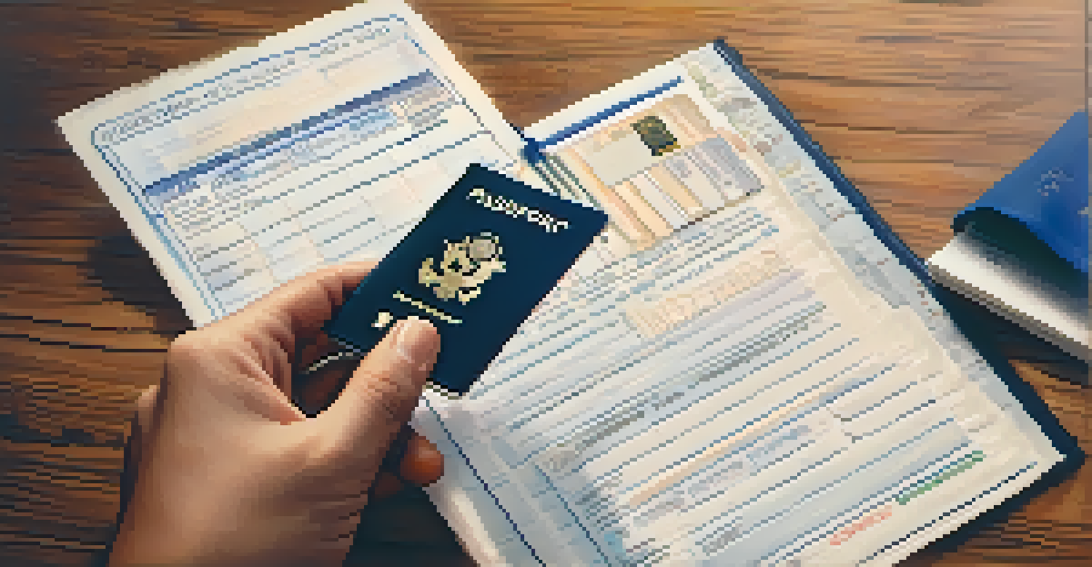 A close-up view of a hand holding a passport and visa application form, with a checklist in the background.
