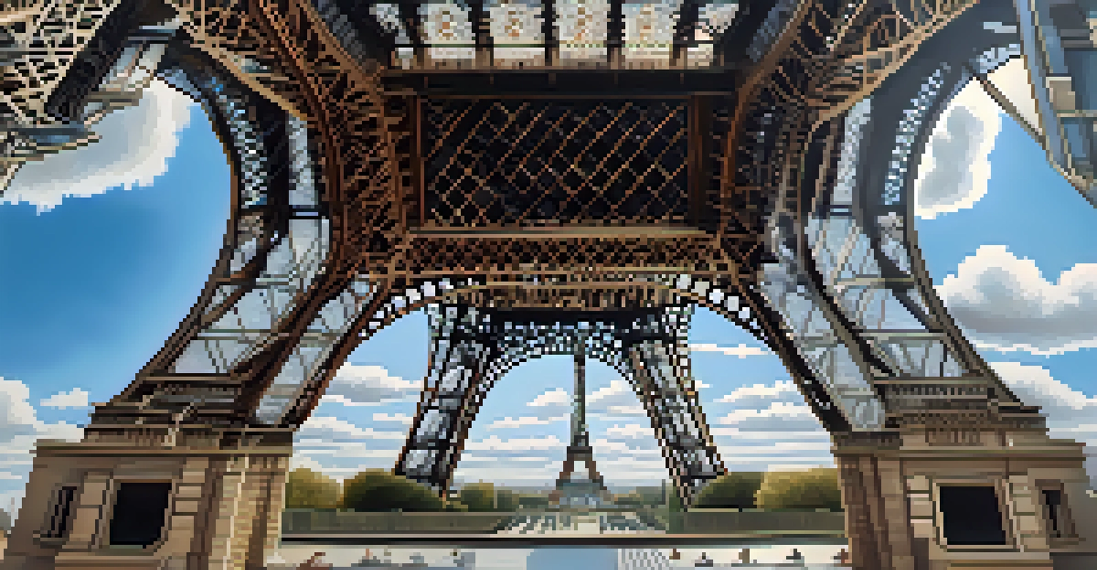 An upward view of the Eiffel Tower against a blue sky, highlighting its intricate iron lattice structure.