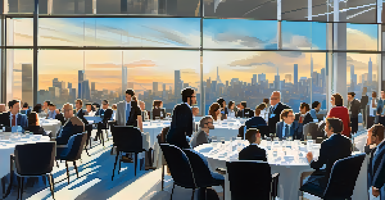 Professionals networking at an academic conference, discussing ideas and exchanging cards in a modern venue with a city skyline view.