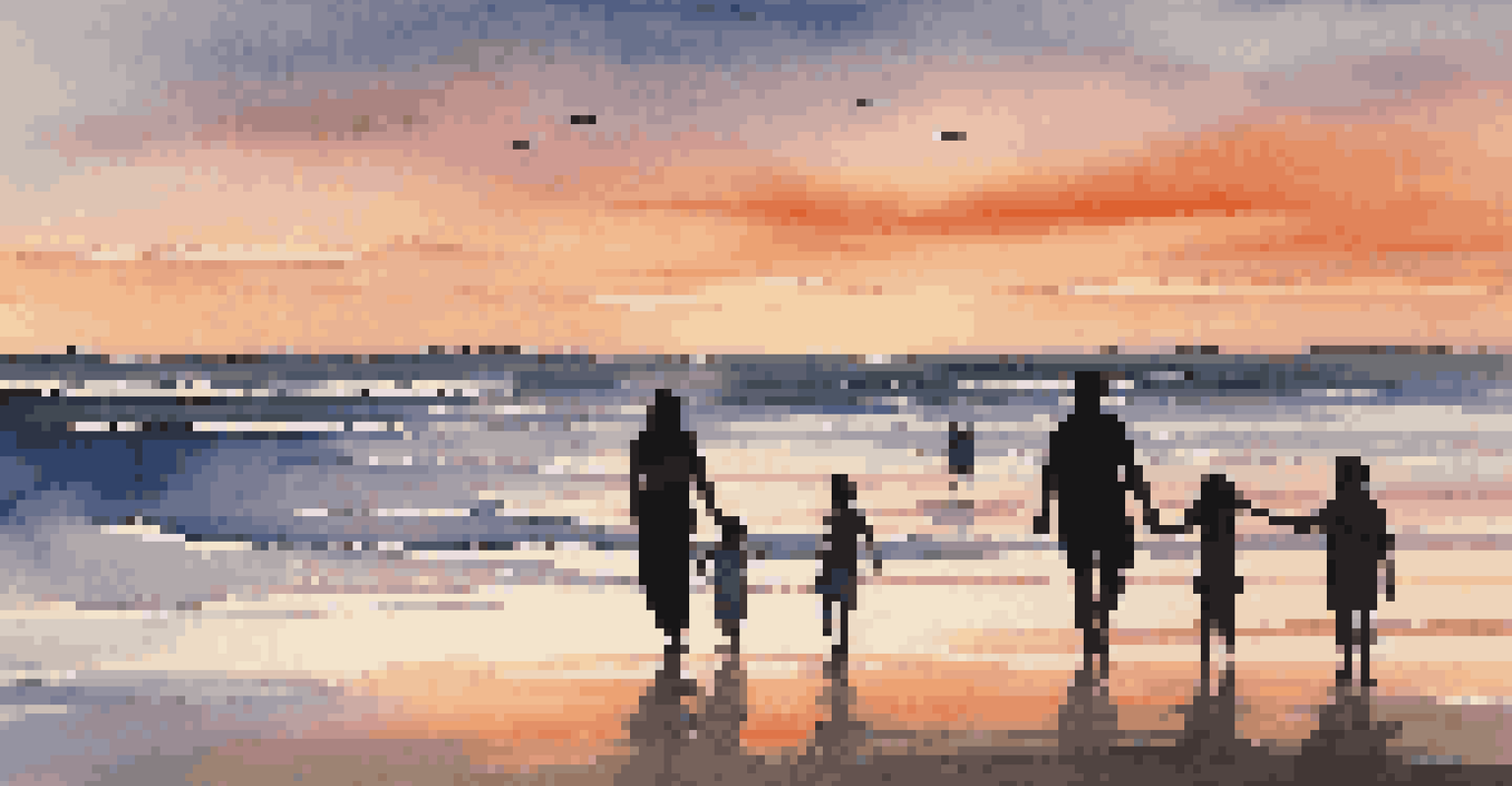 A family of four walking hand-in-hand on the beach during a vibrant sunset, with colorful skies and gentle waves.