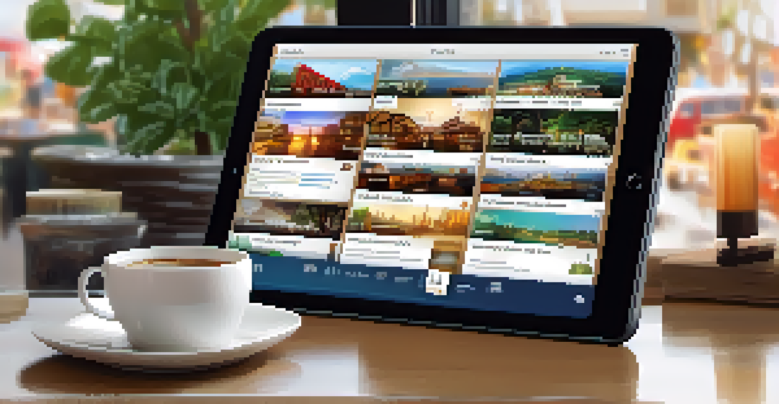A digital travel itinerary on a tablet in a coffee shop, showcasing attractions and a schedule, with a cup of coffee beside it.