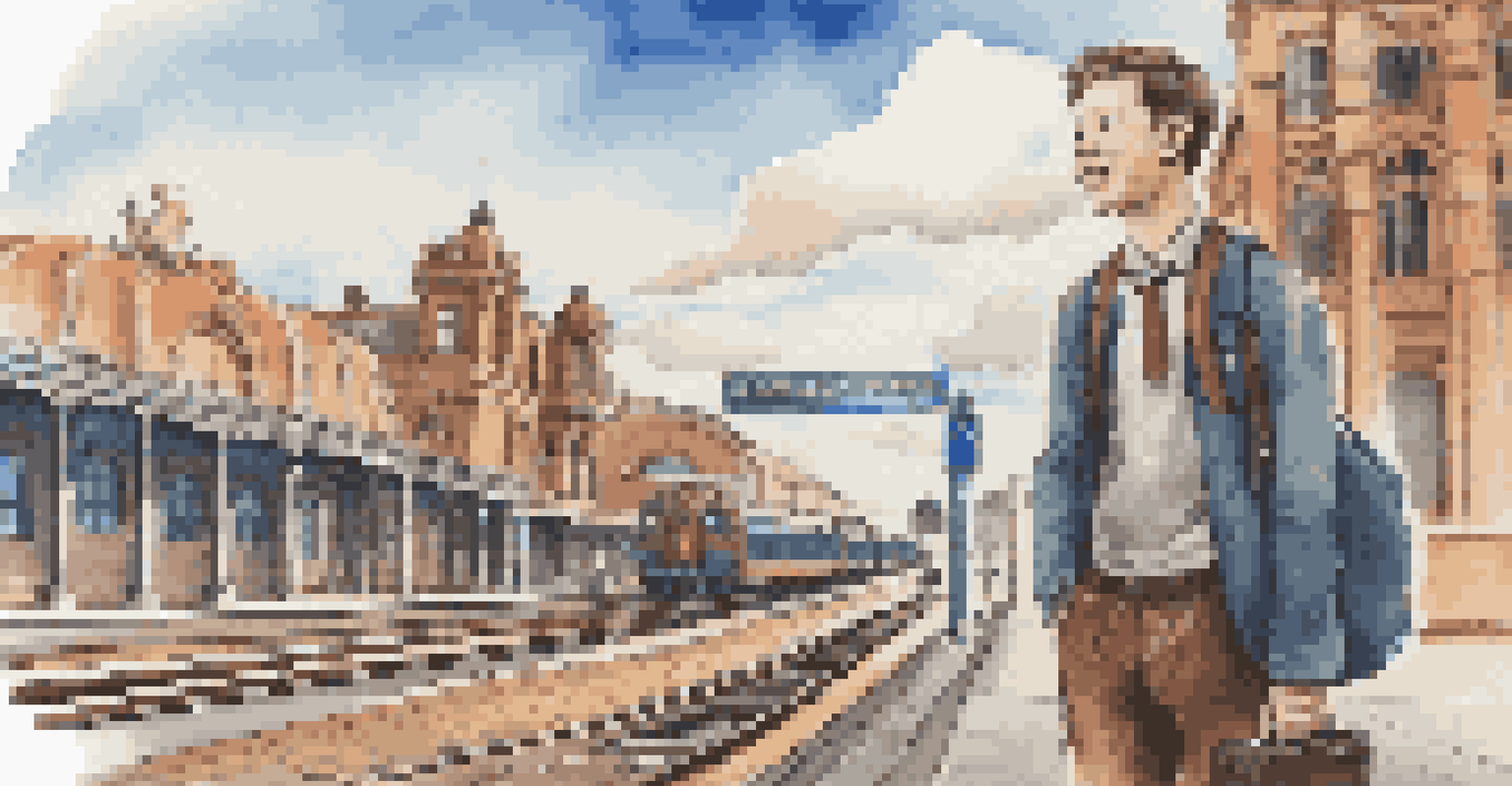 A participant with a suitcase at a train station, excitedly preparing to travel to a study skills workshop, with vintage architecture in the background.