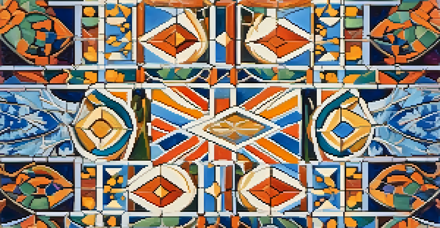 A bird's-eye view of a beautifully tiled courtyard featuring colorful patterns and symmetry, creating a harmonious composition.