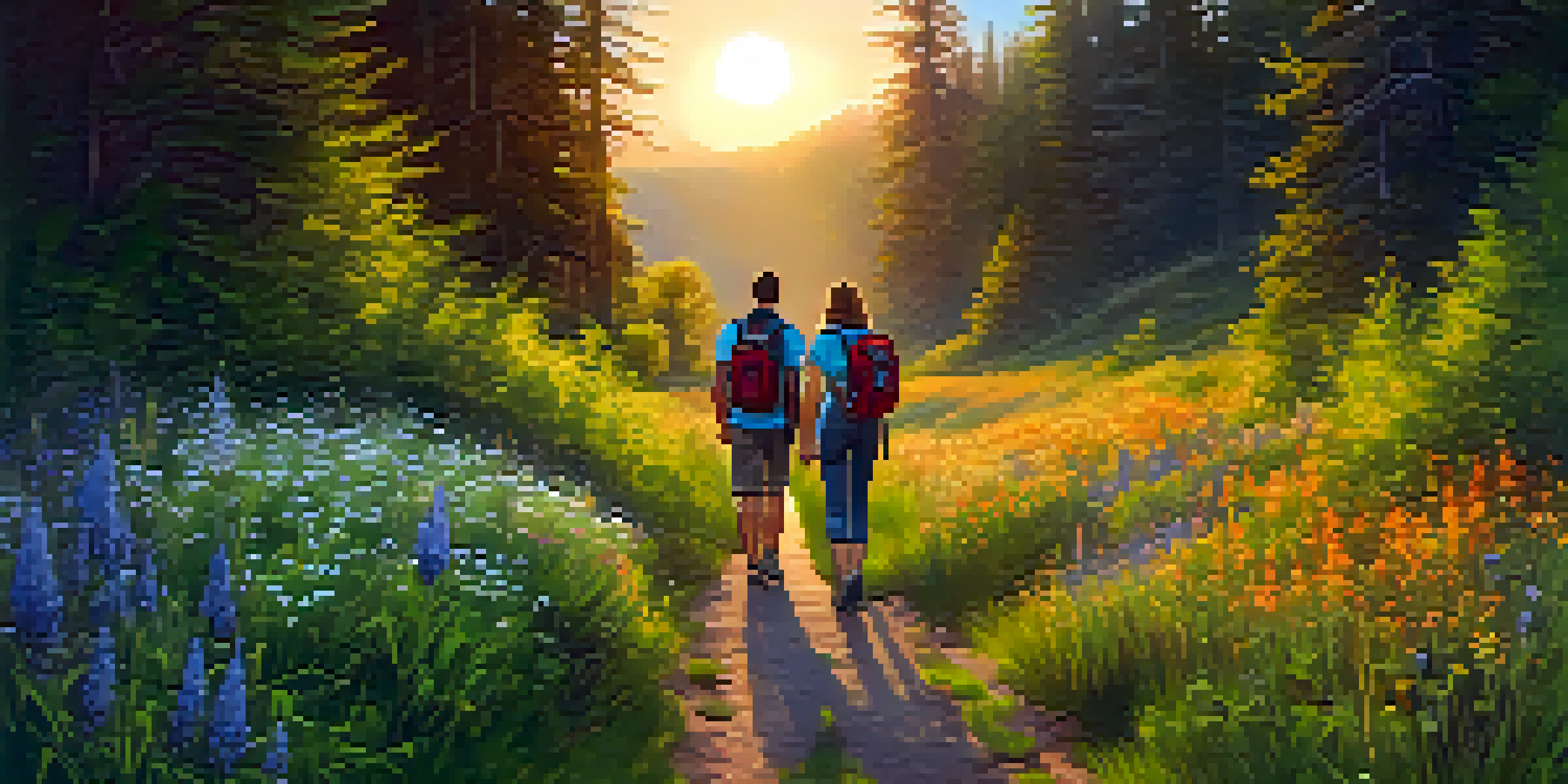 A couple hiking on a beautiful trail with wildflowers and trees, enjoying the sunset.