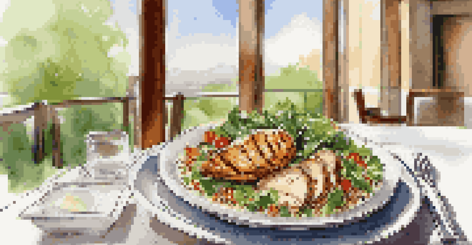 A healthy meal consisting of a colorful salad, grilled chicken, and quinoa, beautifully arranged on an elegant table in a hotel restaurant with a view of greenery.