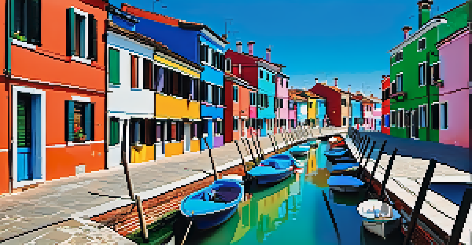 A picturesque view of Burano's colorful houses along a canal, with a wooden bridge and blooming flowers.