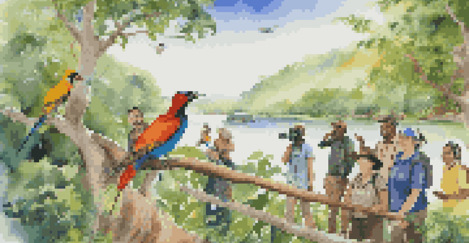 A diverse group of travelers on a guided nature tour, observing wildlife in a lush national park.
