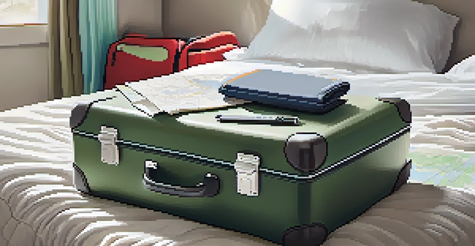 An open travel suitcase on a bed, displaying neatly packed clothing, a folded wheelchair, and travel accessories in a well-lit room.