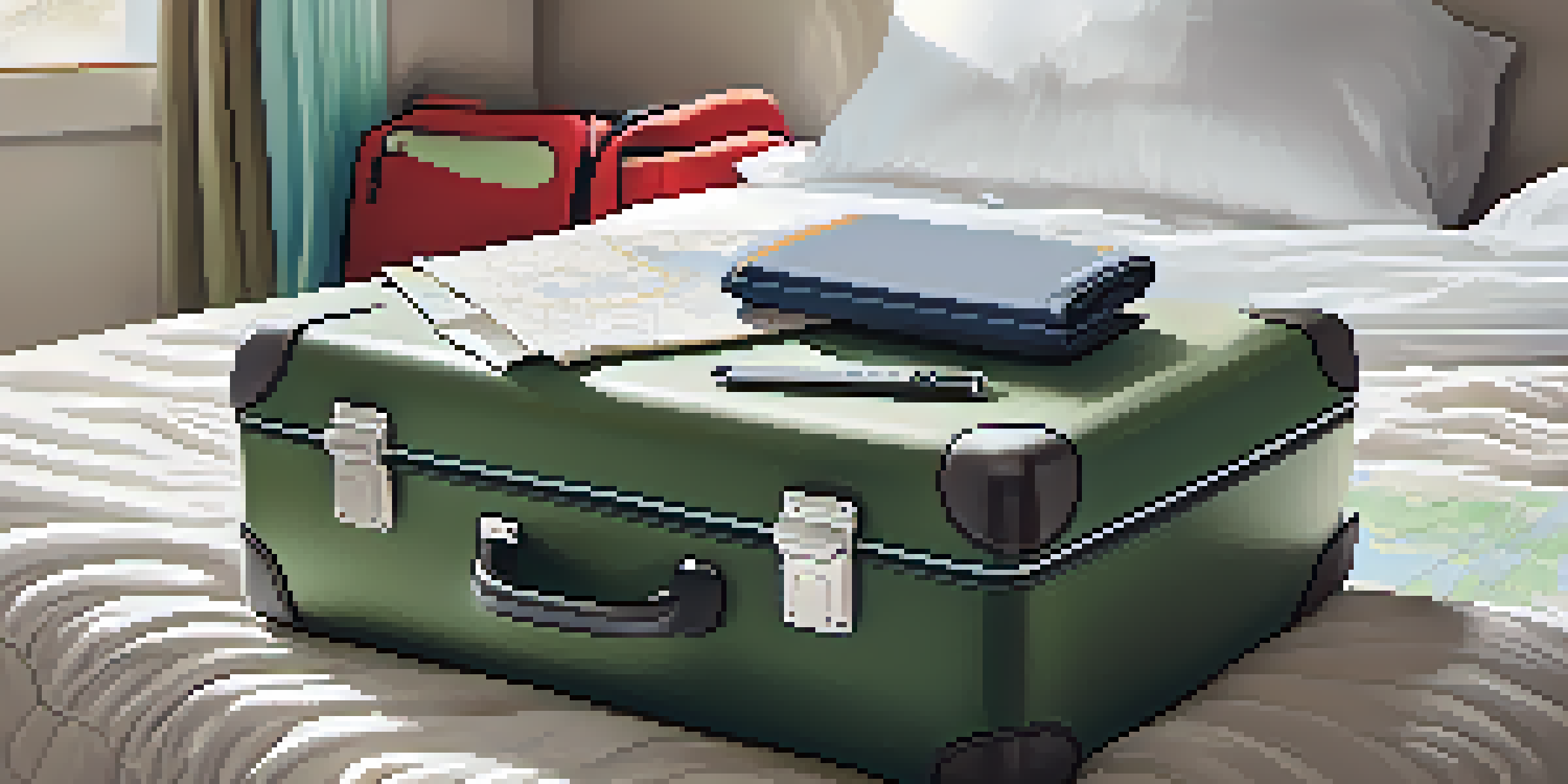 An open travel suitcase on a bed, displaying neatly packed clothing, a folded wheelchair, and travel accessories in a well-lit room.