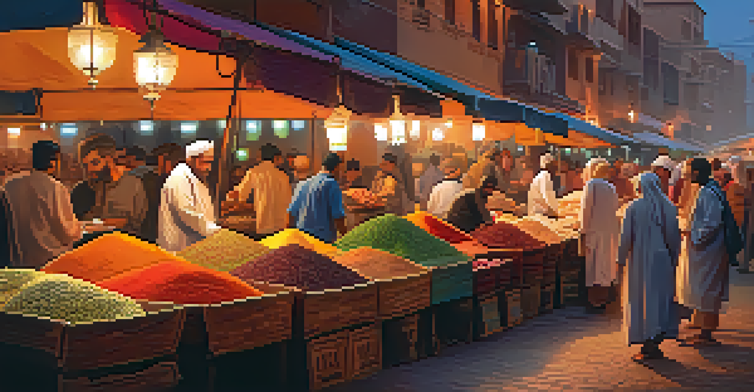 A vibrant open-air market in Marrakech with spices and street food stalls, creating a warm and inviting atmosphere.