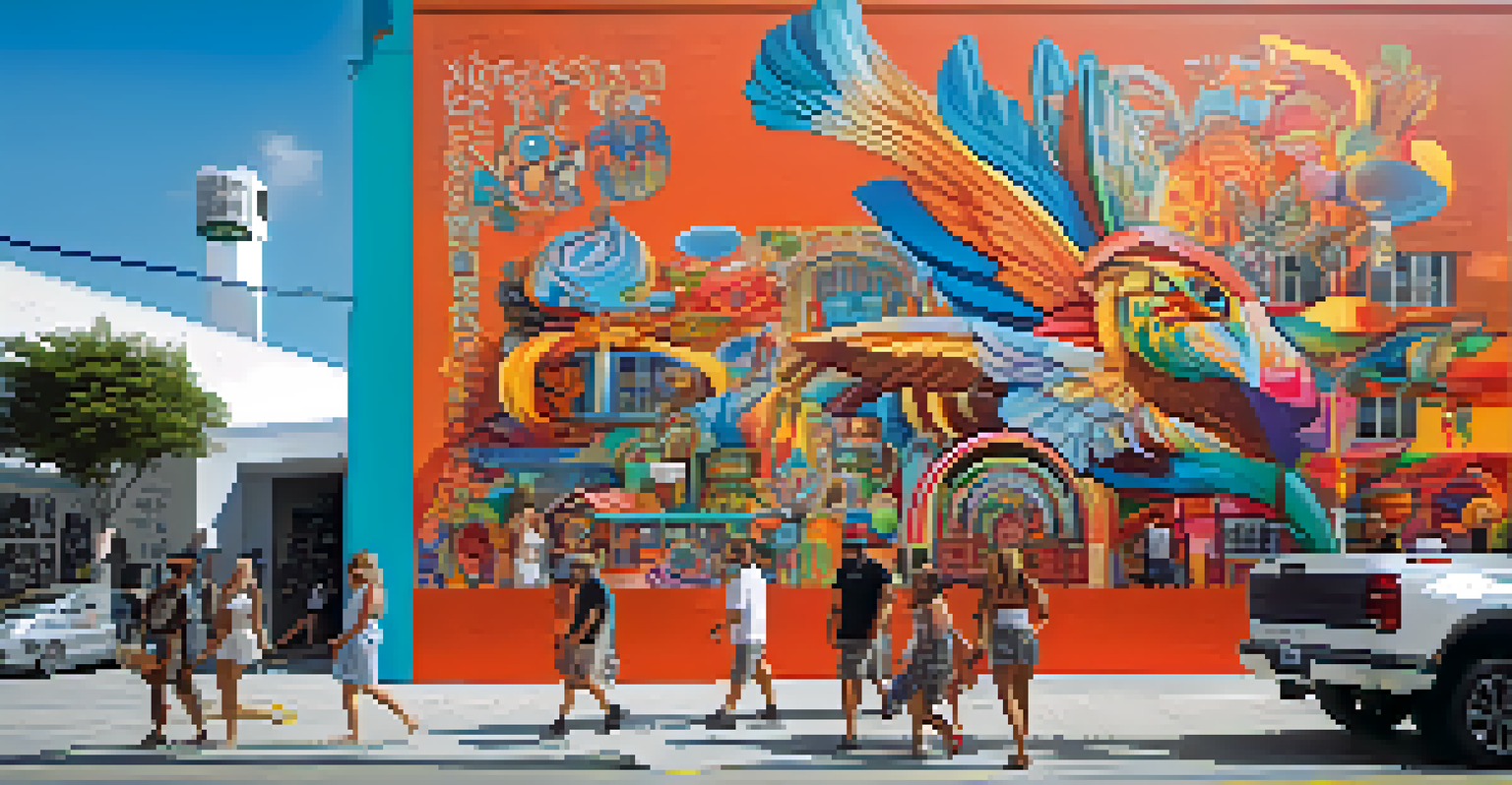 Colorful street art in Wynwood, Miami, with murals and people admiring the artwork.