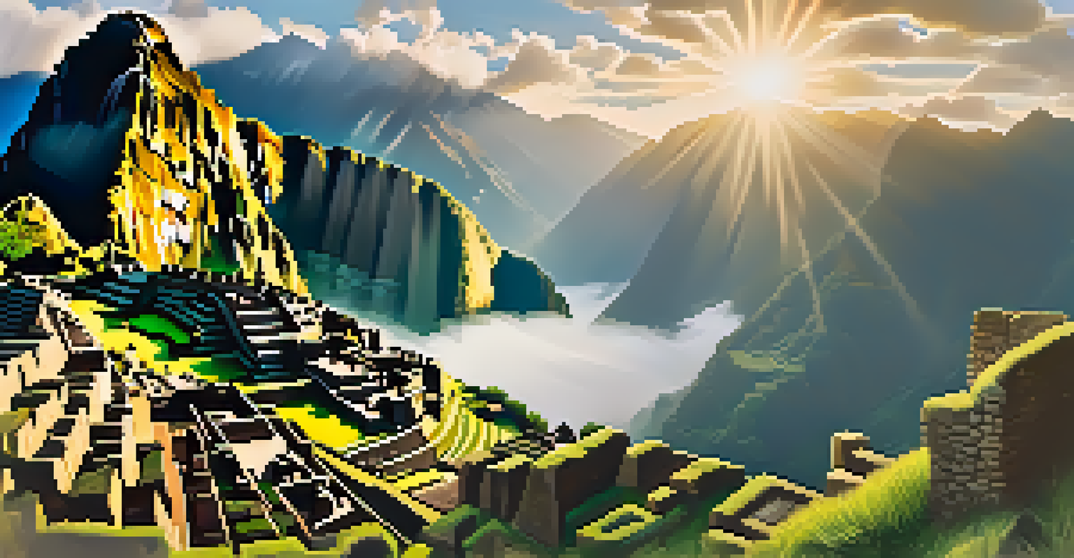 The ancient ruins of Machu Picchu surrounded by misty mountains, with terraced fields and soft sunlight illuminating the scene.