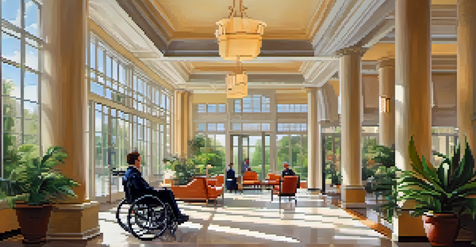 A welcoming hotel lobby designed for accessibility, featuring a wheelchair-accessible entrance and staff helping a guest. Bright and airy with plants and large windows.