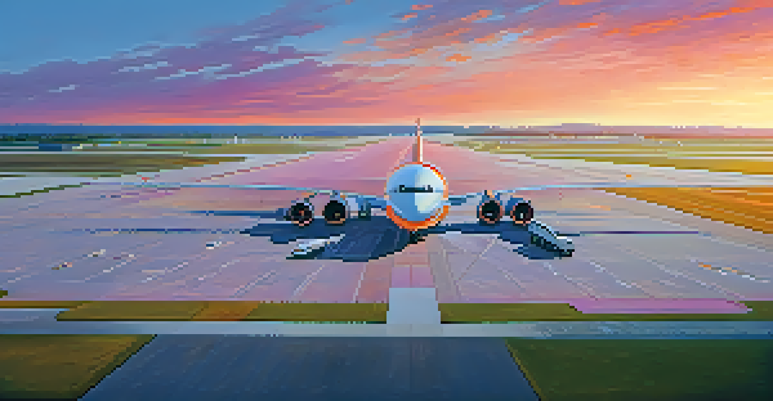 An aerial view of an airport runway at sunrise with planes ready for takeoff and ground crew preparing for departures, featuring vibrant orange and pink skies.