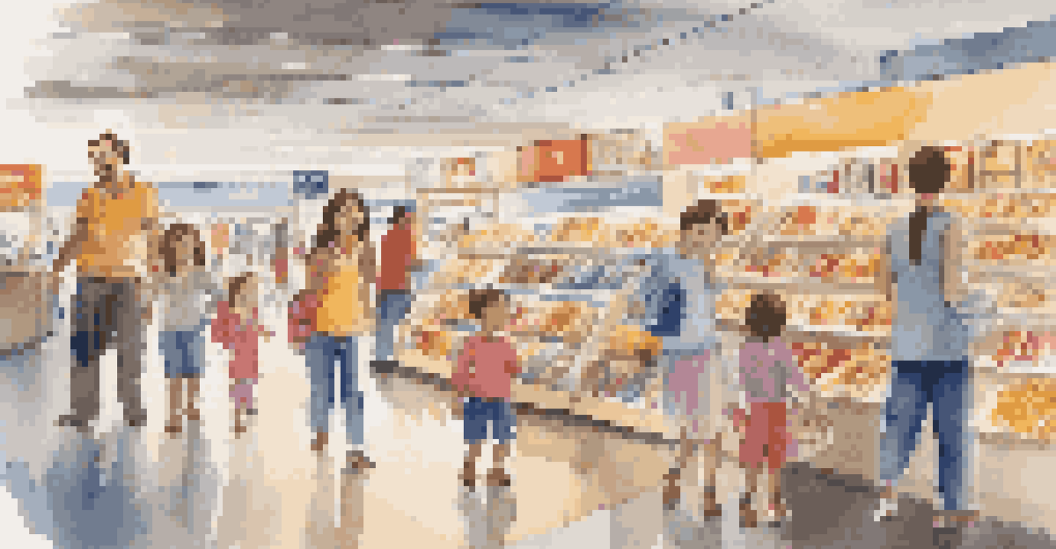 A family happily exploring an airport shop filled with souvenirs and snacks.