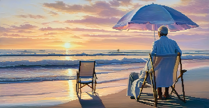 An elderly couple walking hand-in-hand on a beach at sunset, with beach chairs and an umbrella nearby.
