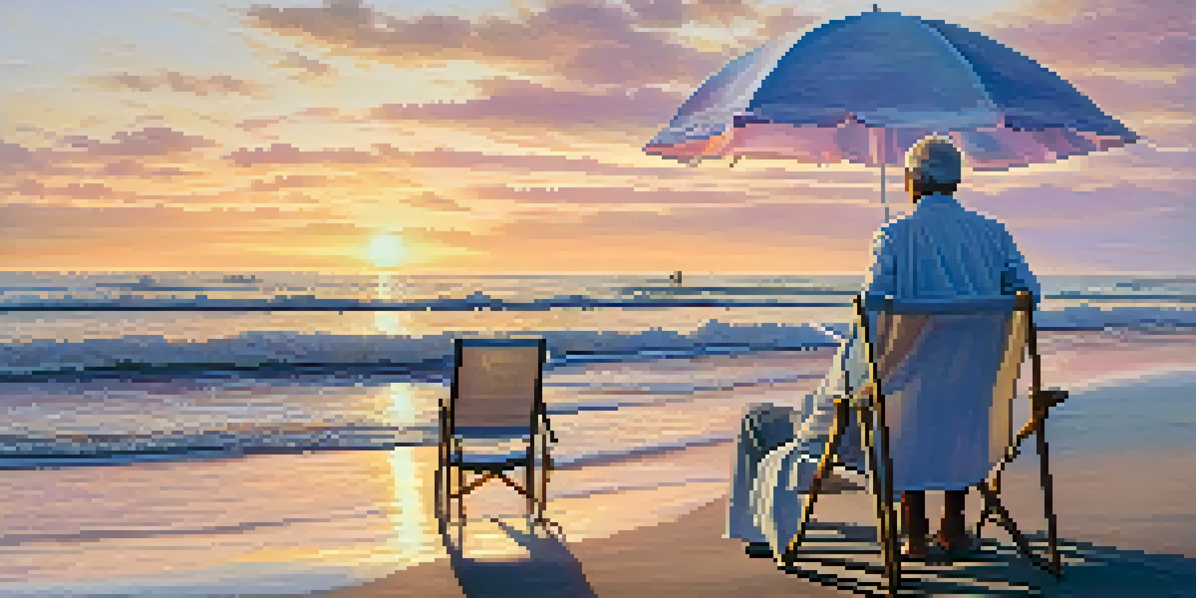 An elderly couple walking hand-in-hand on a beach at sunset, with beach chairs and an umbrella nearby.