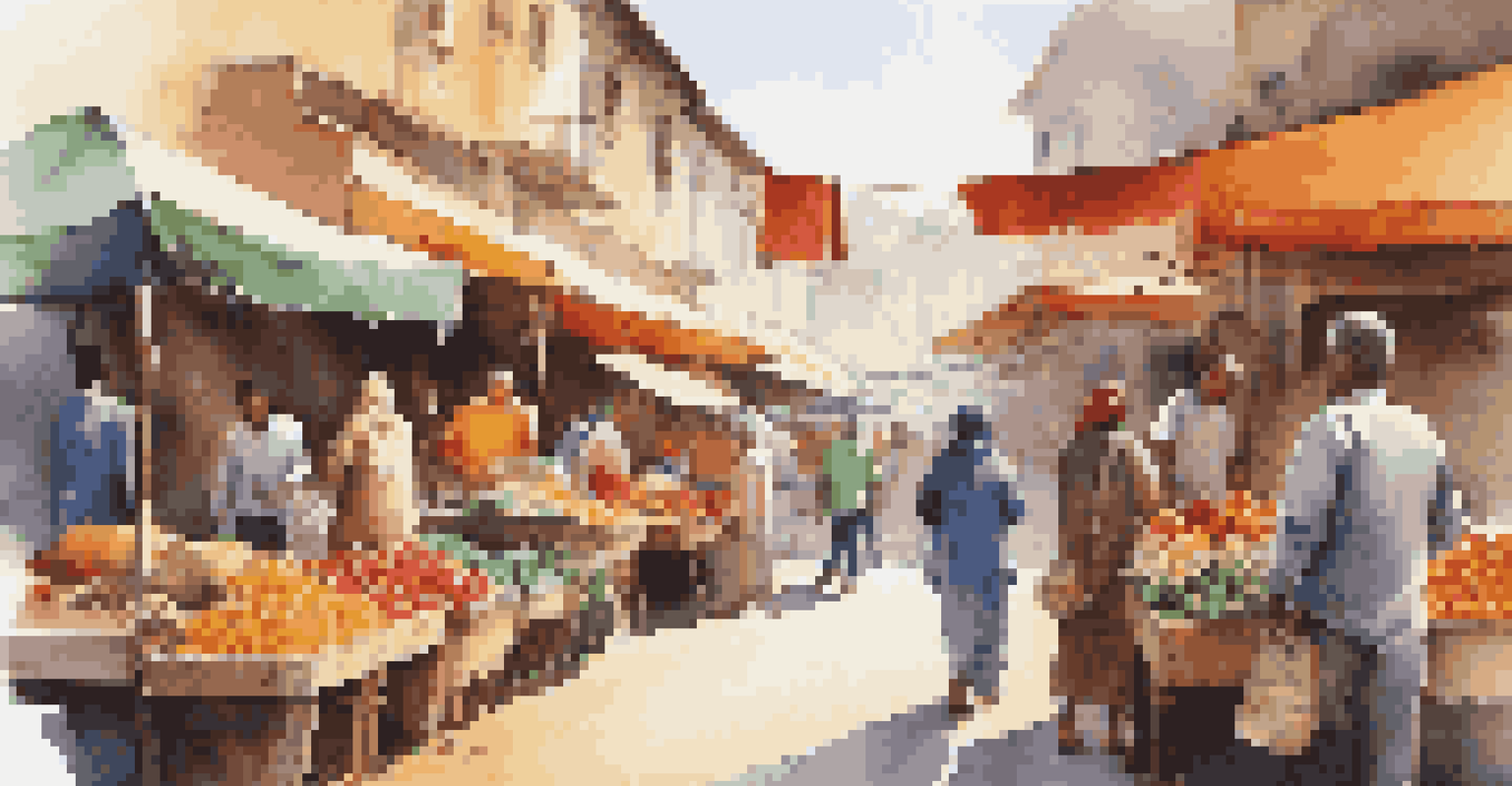 A solo traveler takes photos at a lively street market with colorful stalls and local vendors.