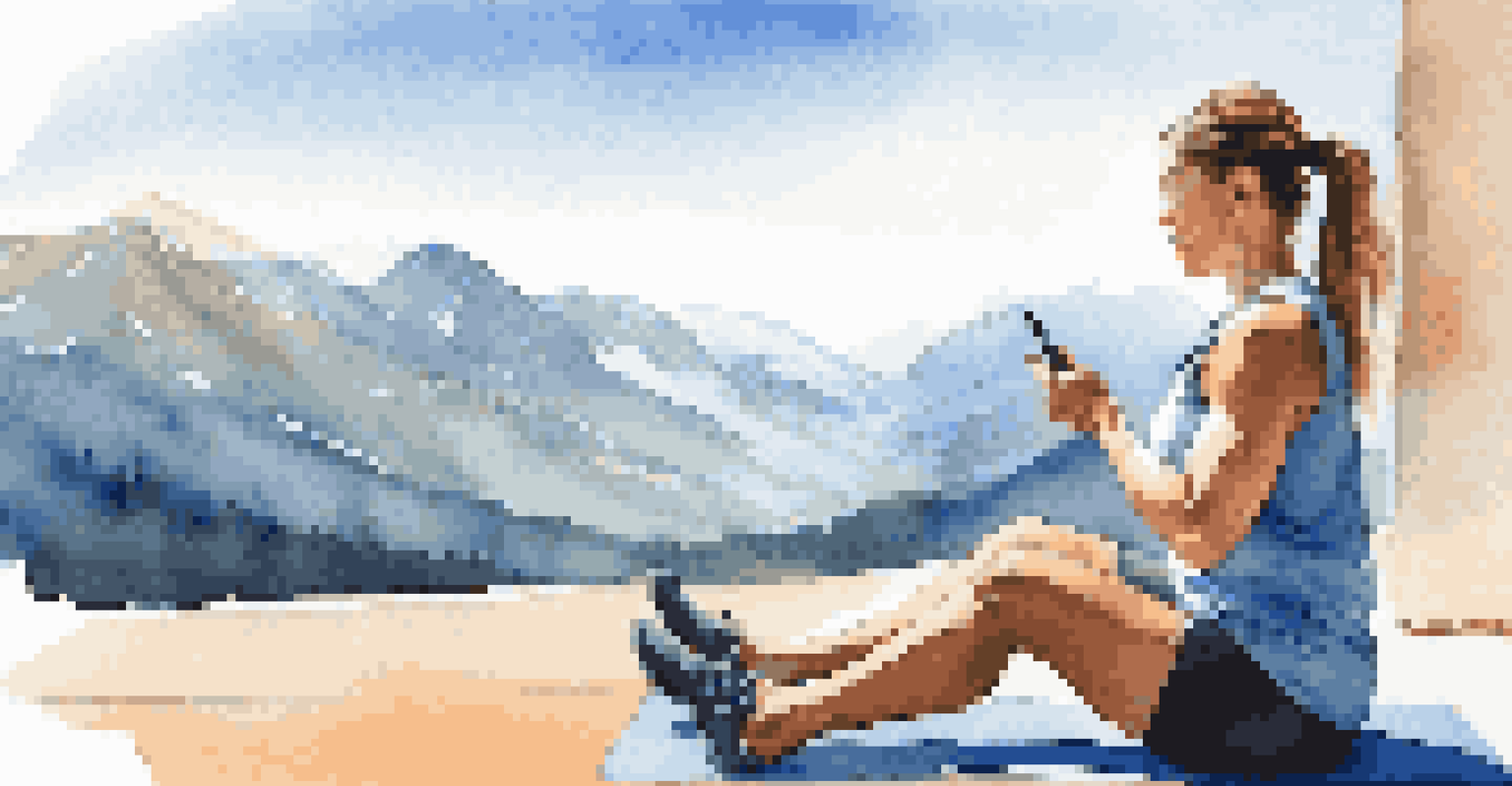 A traveler engaged in a workout on a yoga mat outdoors, using a fitness app on their smartphone against a breathtaking mountain backdrop.