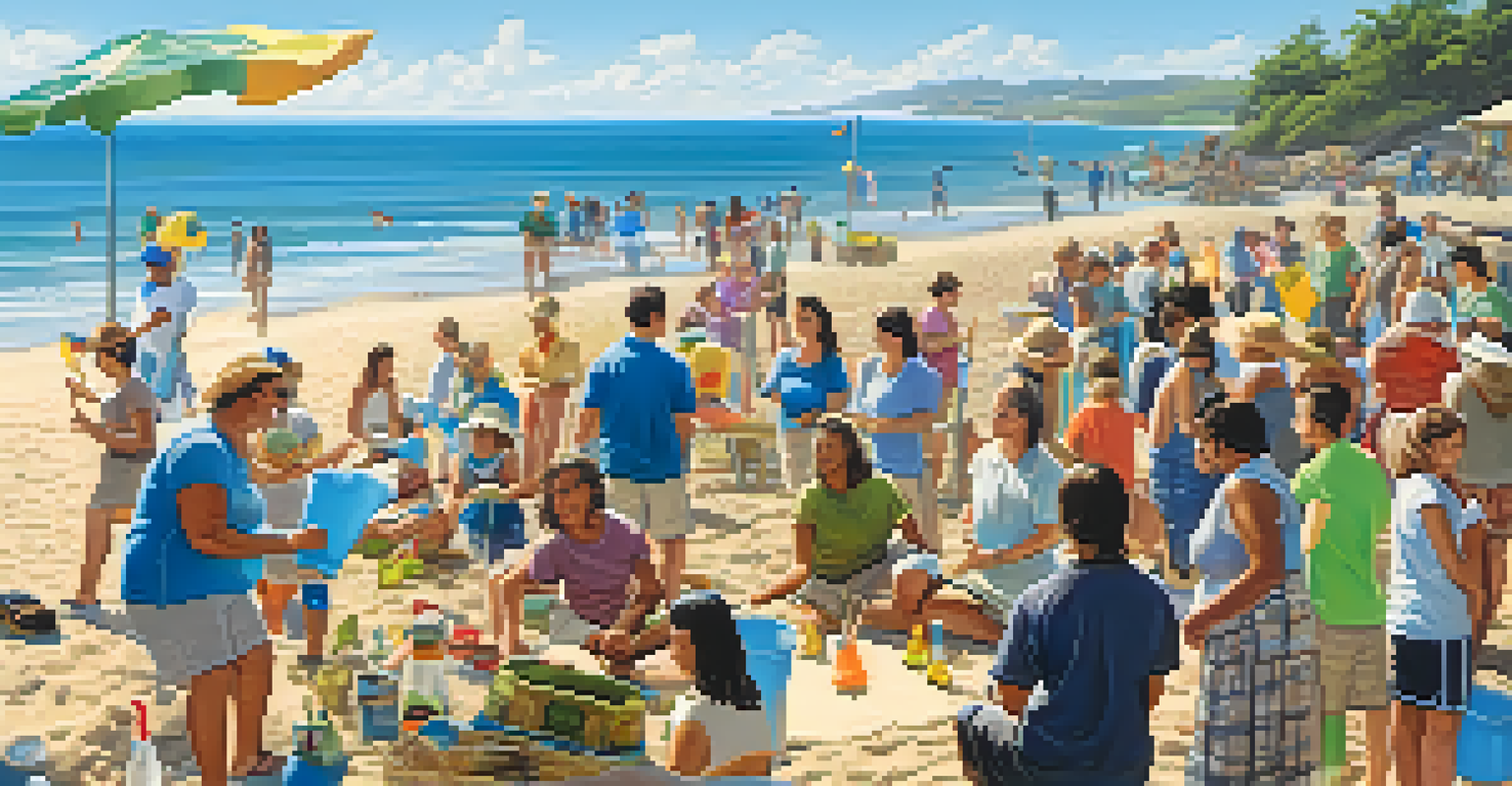 A community engagement event at the beach with locals and travelers participating in a clean-up, set against a bright blue sky and ocean.
