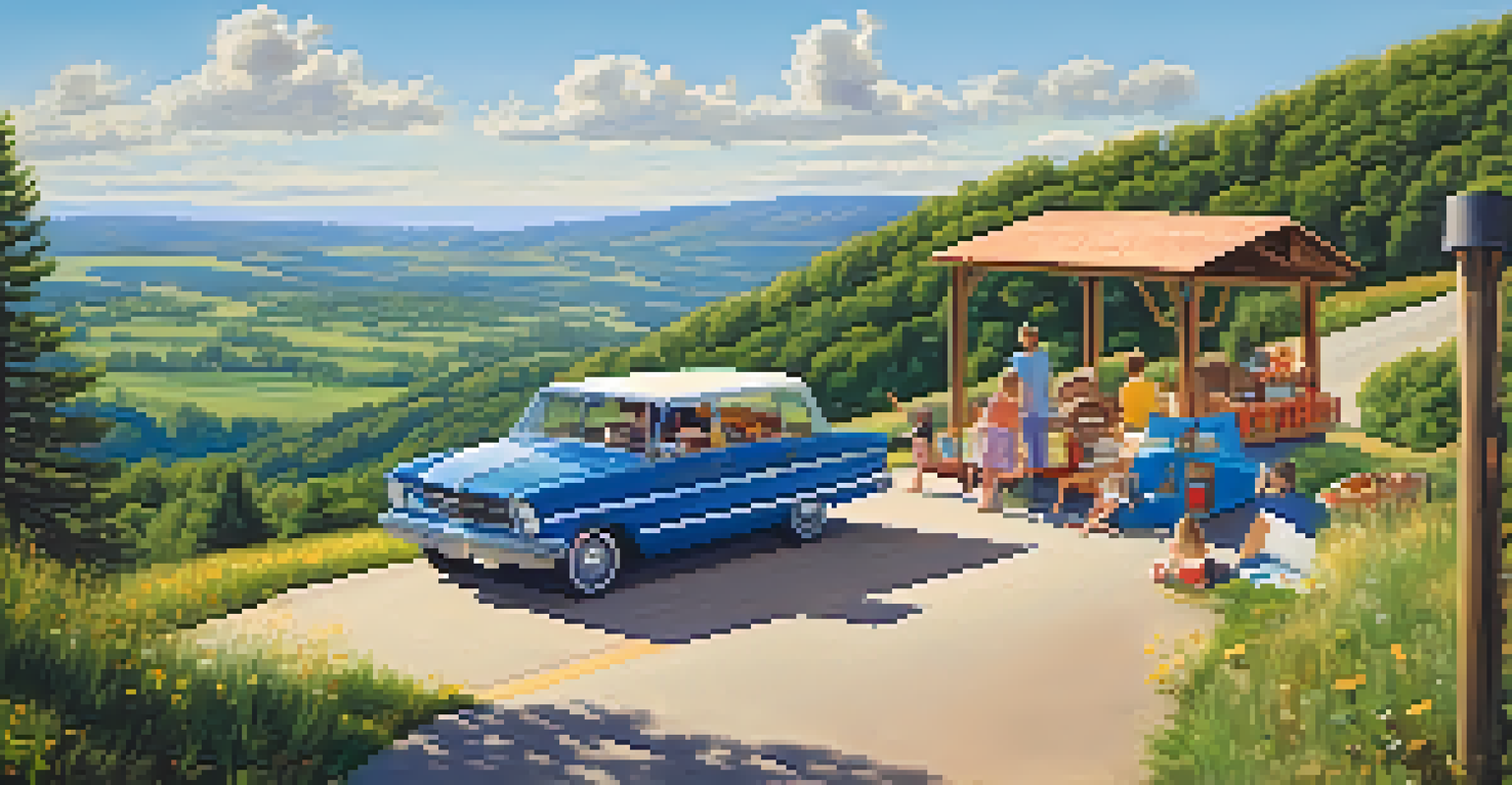A family enjoying a picnic at a scenic overlook during a road trip, with toddlers playing nearby.