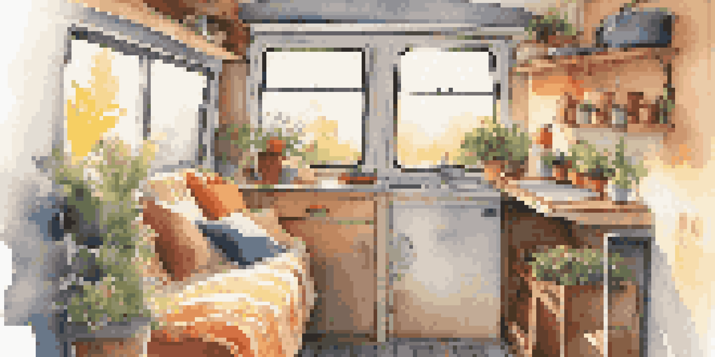 Interior of a cozy cargo van converted into a living space, with a bed, kitchen area, and sunlight streaming in.