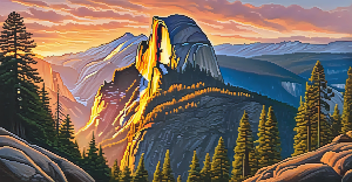 A hiker on a rocky outcrop in Yosemite National Park, with Half Dome in the background at sunset, surrounded by forests and mountains.