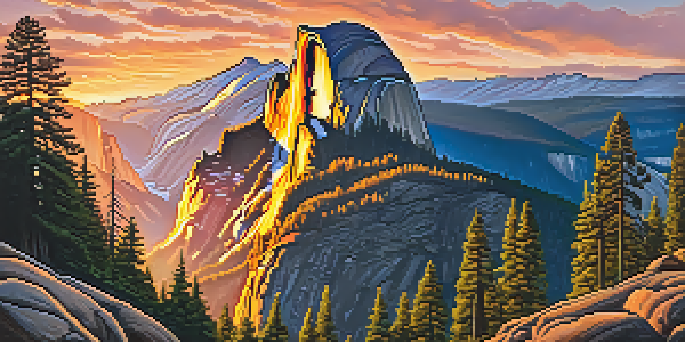 A hiker on a rocky outcrop in Yosemite National Park, with Half Dome in the background at sunset, surrounded by forests and mountains.