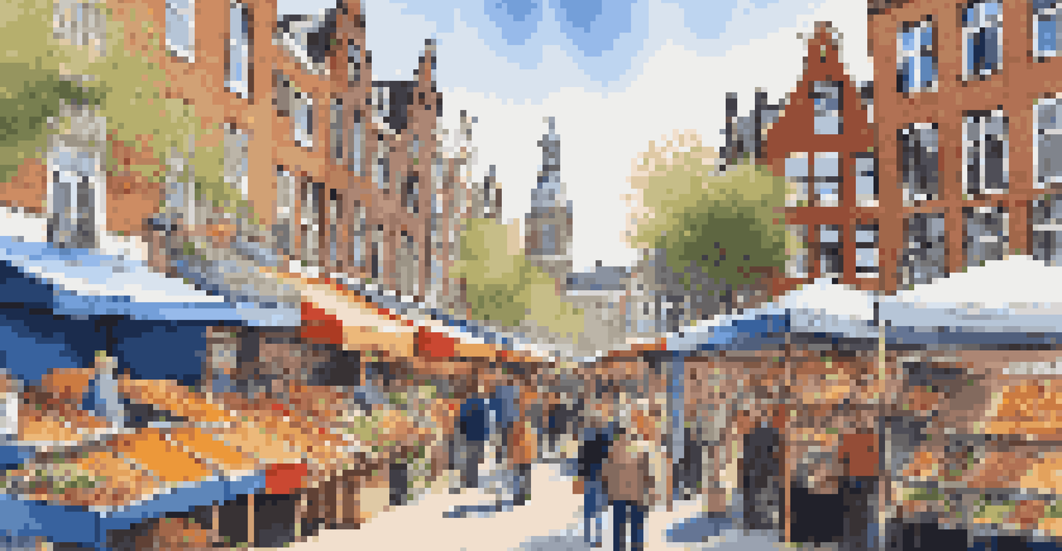 A busy outdoor market in Amsterdam with vendors accepting cryptocurrency, showcasing colorful stalls and a lively atmosphere.
