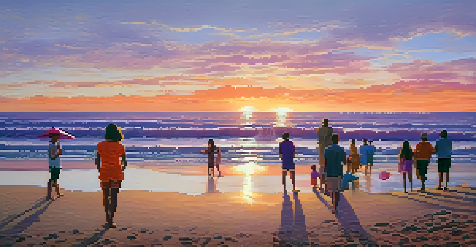 A serene beach at sunset with waves, beachgoers walking, and a colorful sky.