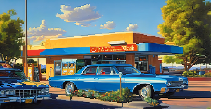 A bright car wash with classic cars being washed under the afternoon sun, surrounded by greenery.