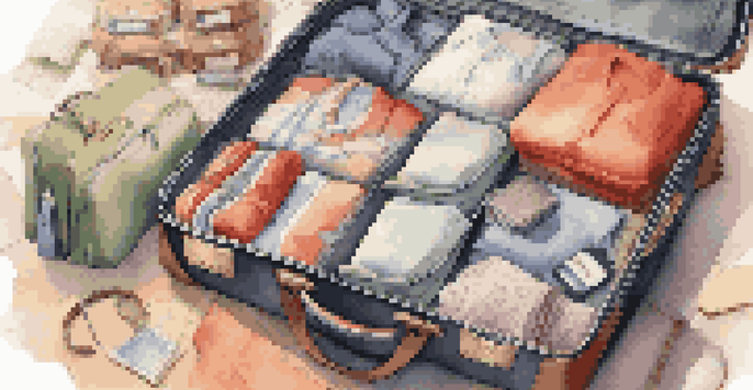An open suitcase filled with packing cubes, toiletries, and clothing, with a map and travel guides in the background.