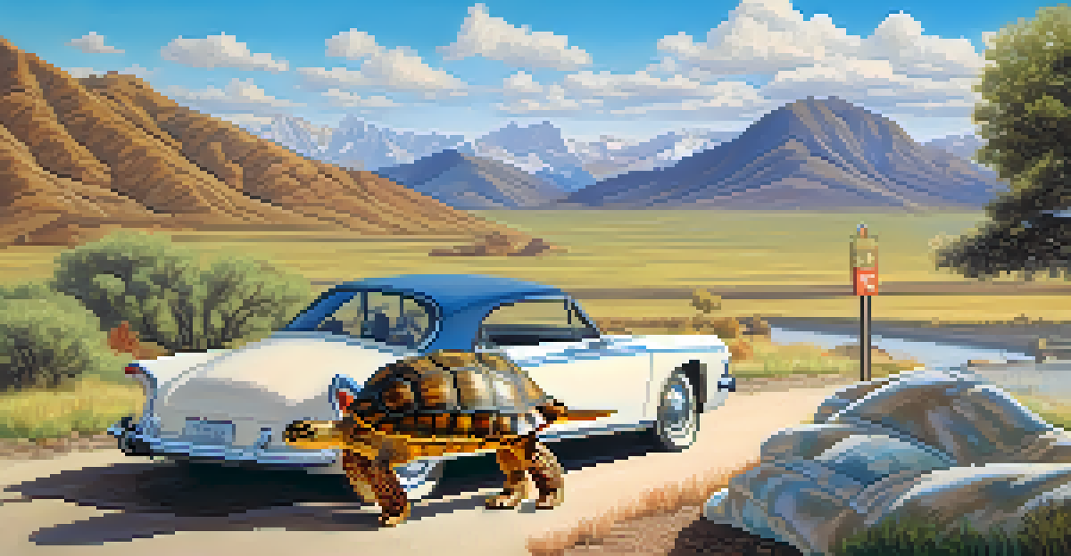 A tortoise peeking out from a carrier inside a parked car at a scenic overlook with mountains.