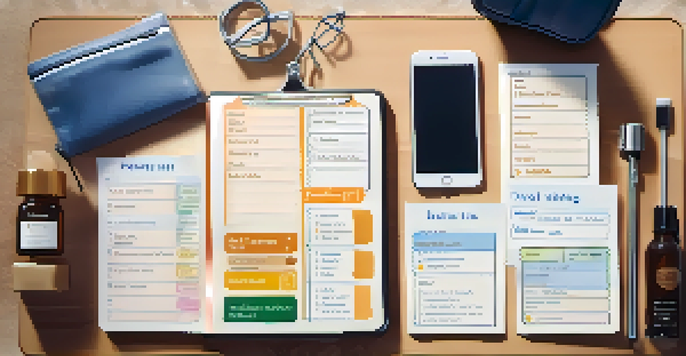 A smartphone showing a travel packing list with travel essentials like a suitcase and passport around it, set against a blurred travel destination background.