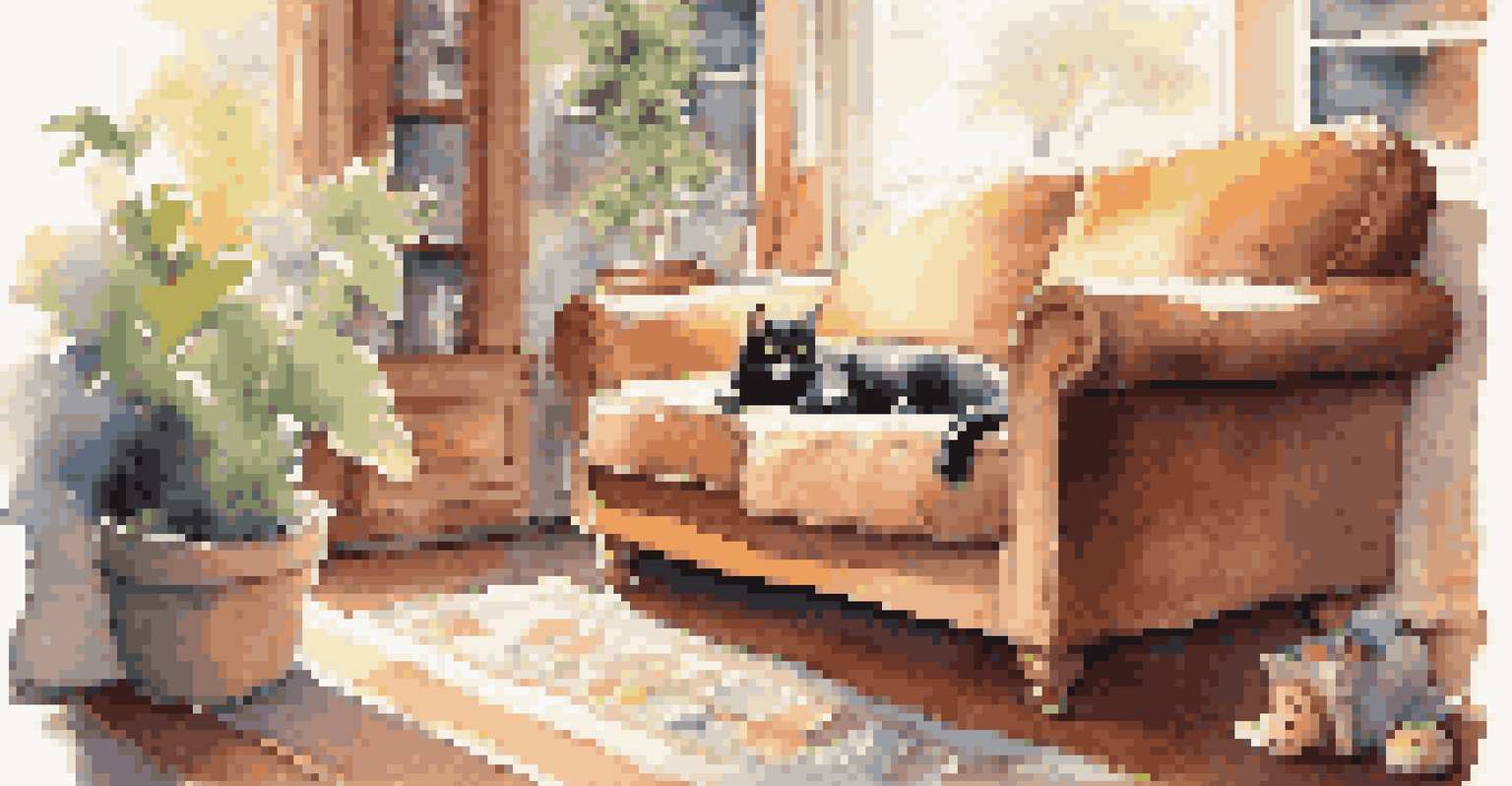 A cozy living room with a cat lounging on a sofa next to a travel bag, with sunlight streaming through the window.
