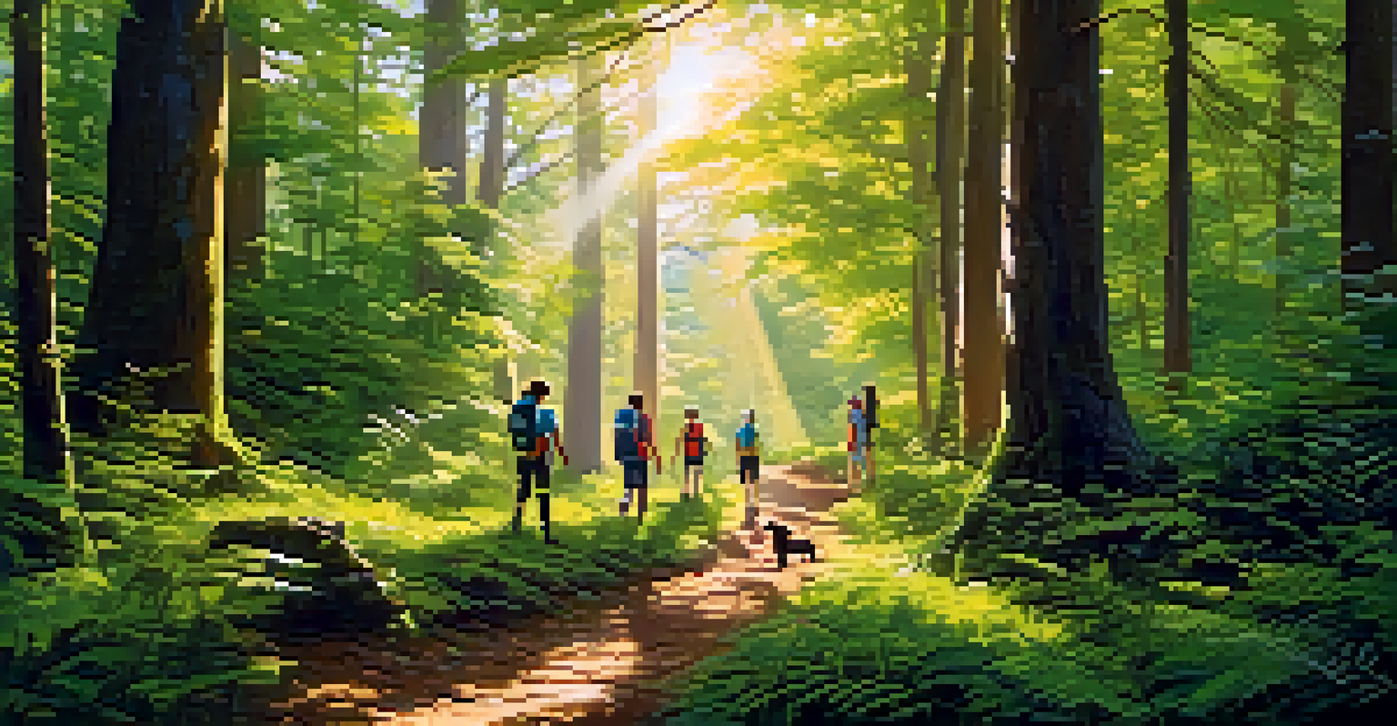 Teenagers hiking in a lush forest during a nature retreat, connecting with the environment.