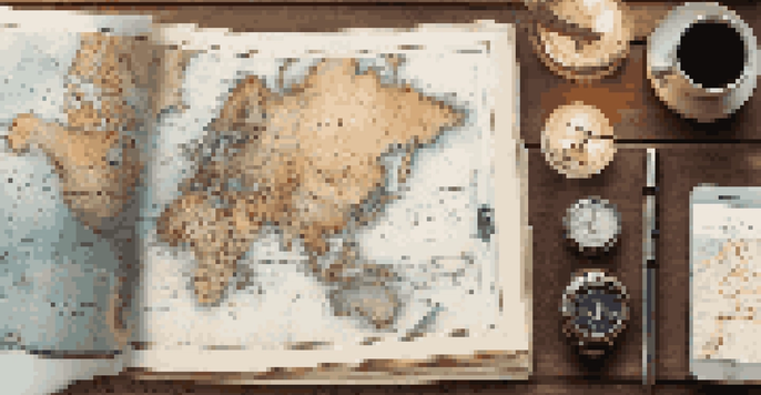 An organized travel itinerary with a vintage map, pen, and smartphone on a wooden table, illuminated by soft natural light.