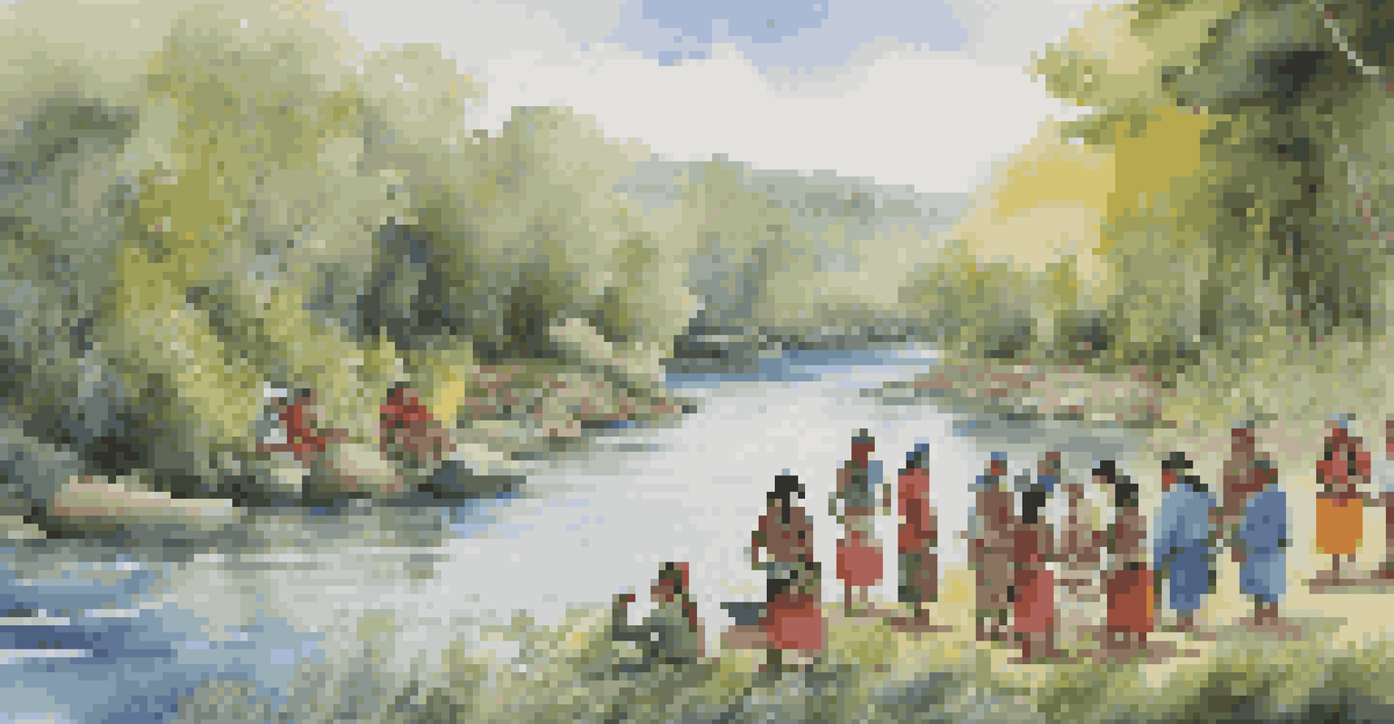 An indigenous community by a river practicing sustainable fishing and agriculture, dressed in traditional clothing.