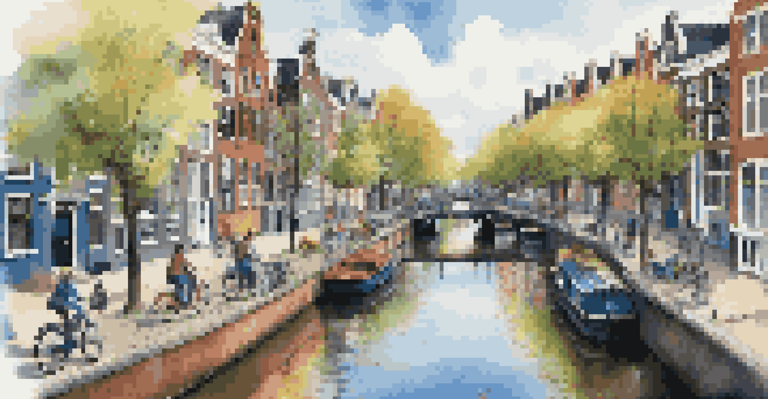 An aerial view of Amsterdam's canals with students on bicycles, colorful houses, and blooming flowers under a bright blue sky.